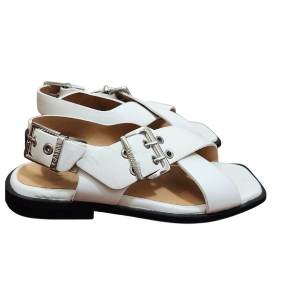 Ganni White Leather Criss Cross Sandals Square Toe Buckle Slingback Sz 40 / 10 - Picture 6 of 15